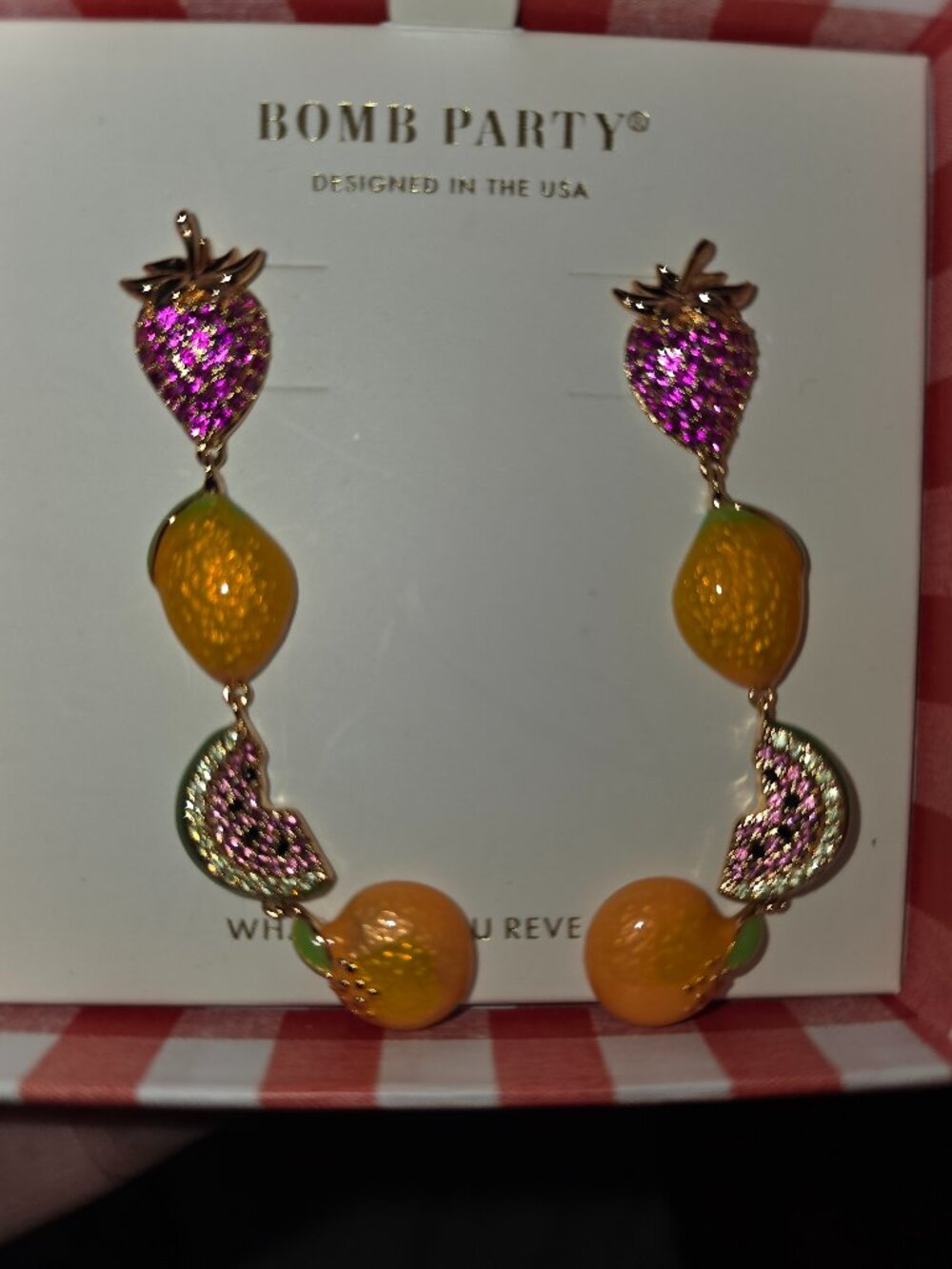 NIB Bomb Party Market Fresh Fruit Statement Earrings Strawberry Citrus Glam
